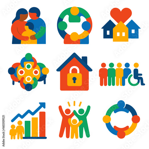 Community Wellness Icons. Flat vector icons of family and community well-being: family hug icon, community support group, shared