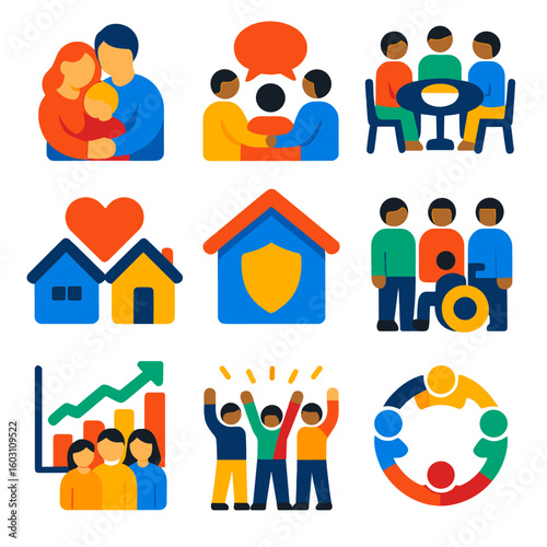 Community Wellness Icons. Flat vector icons of family and community well-being: family hug icon, community support group, shared