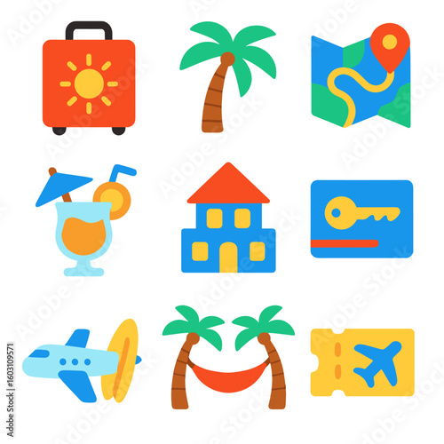 Summer Vacation Icons. Flat vector icons of summer vacation: suitcase with sun, palm tree, beach map, tropical drink with umbrella