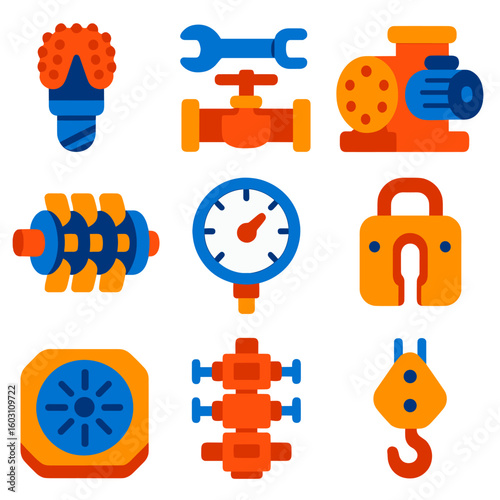 Oil Field Icons. Flat vector icons of oil field tools and machinery: drill head, wrench and valve, drilling mud pump, pipeline