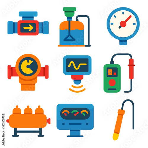 Oil and Gas Icons. Flat vector icons of oil and gas measurement: flow meter, tank level sensor, pressure gauge, volumetric meter,
