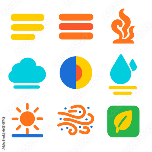 Atmospheric Effects Icons. Flat vector icons of atmospheric effects: fog icon, haze layers, smoke icon, mist symbol, visibility