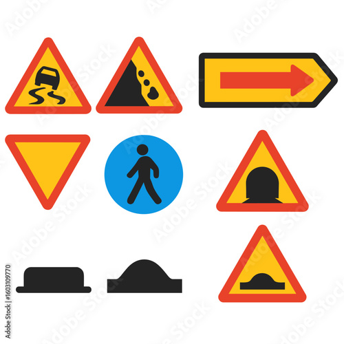 Vibrant Road Safety Icons. Flat vector icons of road and transport caution: slippery road sign, falling rocks icon, roadwork