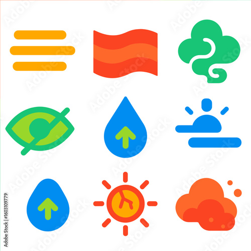 Atmospheric Effects Icons. Flat vector icons of atmospheric effects: fog icon, haze layers, smoke icon, mist symbol, visibility