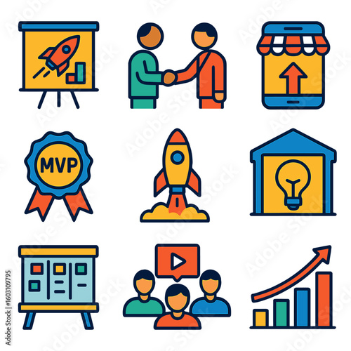 Startup Icon Set. Flat vector icons of startup collaboration: pitch deck icon, co-founder handshake, digital product launch, MVP