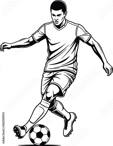 Soccer player dribbling the ball vector illustration for sports designs and team spirit promotions in monochrome style
