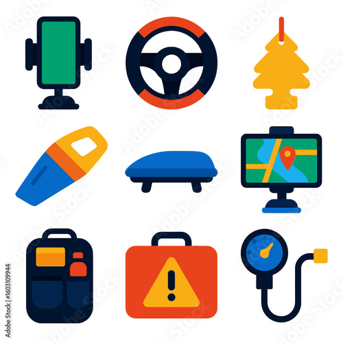 Vehicle Accessories Icons. Flat vector icons of vehicle accessories: car phone mount, steering wheel cover, air freshener, car