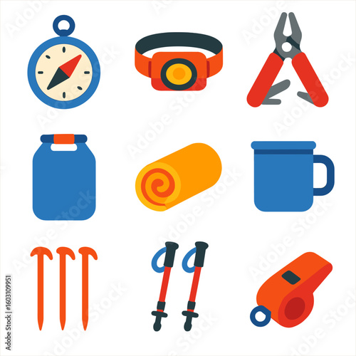 Camping Gear Icons. Flat vector icons of camping and hiking accessories: compass, headlamp, multitool, dry bag, sleeping pad, camp