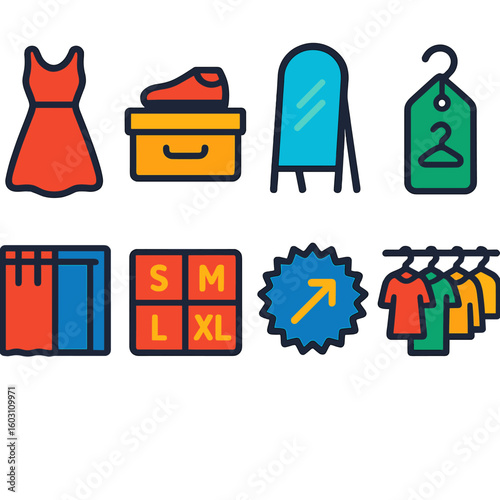 Fashion Icon Set. Flat vector icons of fashion and clothing shopping: dress icon, shoe box, try-on mirror, hanger tag, fitting