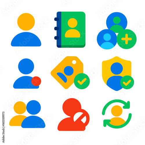 Modern Identity Icons. Flat vector icons of digital identity and contacts: profile avatar icon, contact book, connection request,