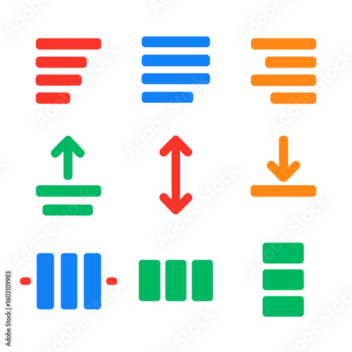 Vibrant Alignment Icons. Flat vector icons of alignment and positioning symbols: align left, align center, align right, justify