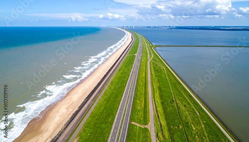 Aerial view of the Afsluitdijk: Iconic Dutch sea defense with road and landscape