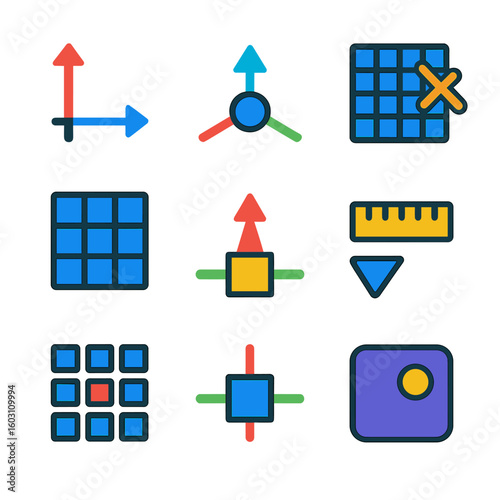 Colorful Grid Icons. Flat vector icons of coordinate and grid systems: X-Y axis icon, object coordinate symbol, grid overlay, snap