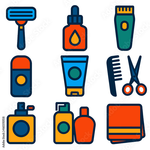Men's Grooming Icons. Flat vector icons of hygiene accessories for men: shaving razor, beard oil bottle, trimmer, aftershave balm,