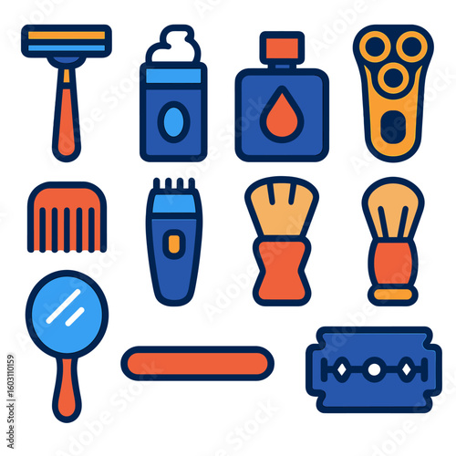 Grooming Tools Icons. Flat vector icons of shaving and grooming tools: razor, shaving foam, aftershave bottle, electric shaver,