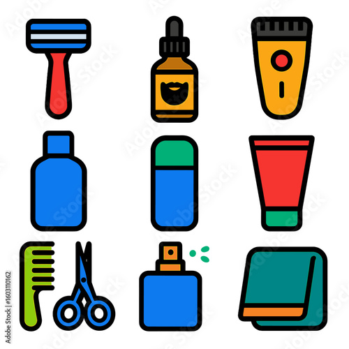Men's Grooming Icons. Flat vector icons of hygiene accessories for men: shaving razor, beard oil bottle, trimmer, aftershave balm,