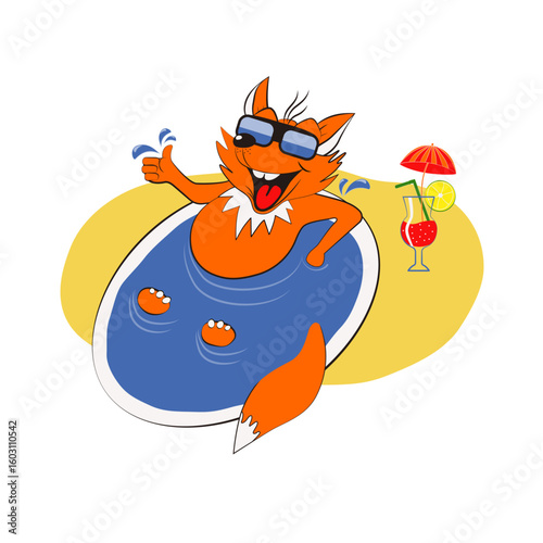 Funny cartoon fox relaxing in the pool, wearing sunglasses, laughing and showing thumbs up, with a cocktail nearby. Summer vacation and leisure vector illustration.