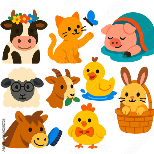Cute Farm Animal Icons. Flat vector icons of cute farm and domestic animals: cow with flower crown, kitten playing with butterfly,