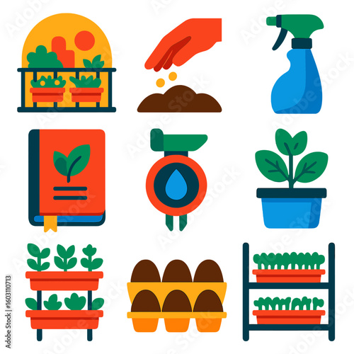 Urban Gardening Icons. Flat vector icons of urban gardening and balcony farming: balcony garden at sunset, hand planting seeds,