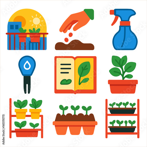 Urban Gardening Icons. Flat vector icons of urban gardening and balcony farming: balcony garden at sunset, hand planting seeds,