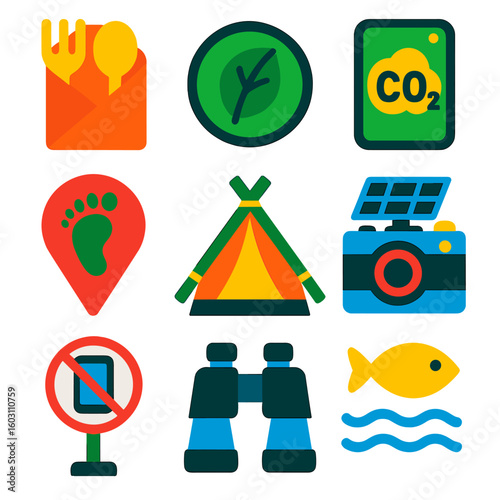Eco Travel Icons. Flat vector icons of sustainable travel and eco tourism: reusable napkin set, eco tour certification badge,