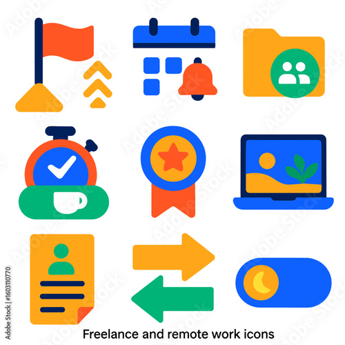 Freelance Essentials Icons. Flat vector icons of freelance and remote work essentials: task priority flag, calendar event with