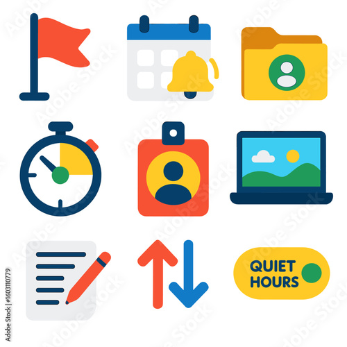 Freelance Essentials Icons. Flat vector icons of freelance and remote work essentials: task priority flag, calendar event with