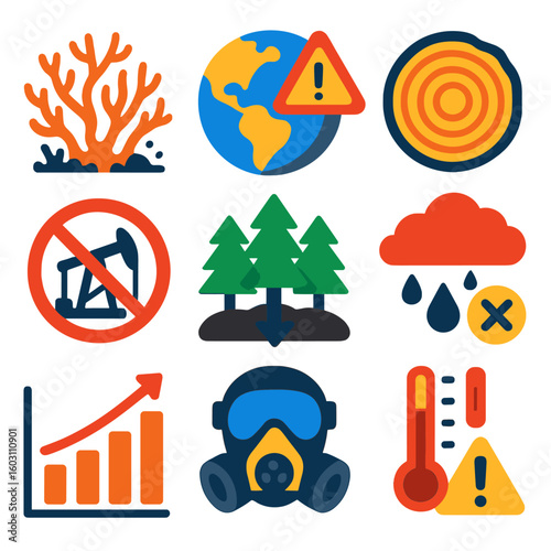 Climate Change Icons. Flat vector icons of climate change and environmental icons: coral reef death, global drought alert, tree