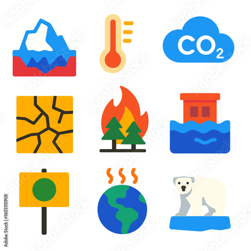 Climate Change Icons. Flat vector icons of climate change and environmental icons: melting iceberg, thermometer with rising