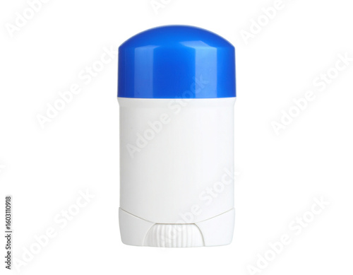 A classic white and blue deodorant stick, isolated on a white background, symbolizing personal freshness.