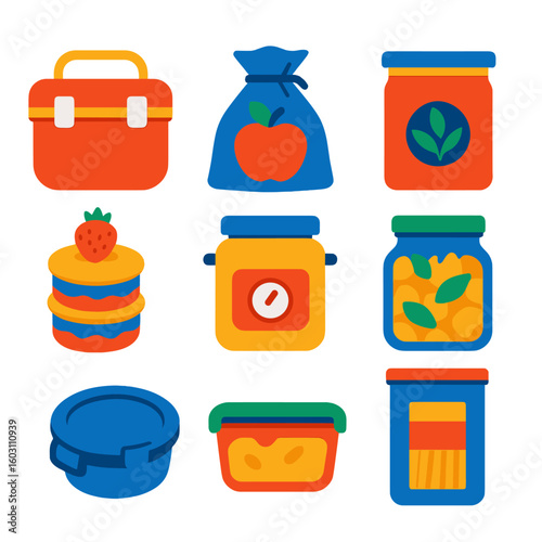 Vibrant Food Storage Icons. Flat vector icons of food preservation and storage containers: dual-layer thermal box, flexible fruit
