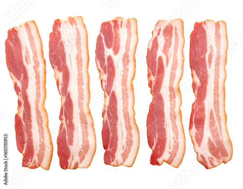 Stacked raw bacon slices, showcasing texture and marbling, isolated on a pure white background.