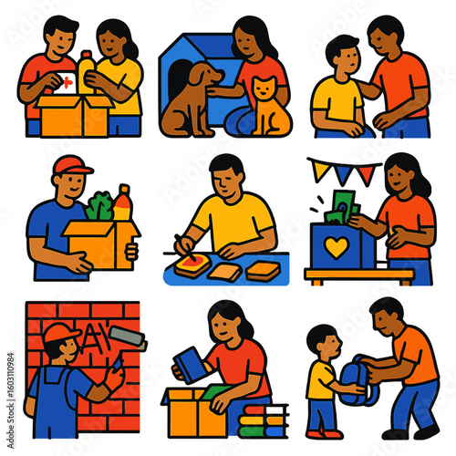 Volunteer Icons. Flat vector icons of volunteerism and social good activities: assembling emergency kits, assisting at animal