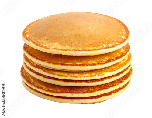 A stack of golden pancakes, inviting and fluffy, isolated on a white background, ideal for breakfast menus.