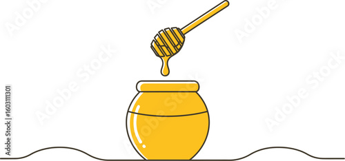 A cartoon illustration of a honey pot with a dipper dripping honey into the pot design