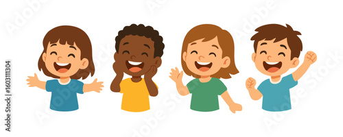 Happy kids cheerful boy girl joyful smiling child cartoon vector illustration design for template poster flyer background lifestyle family portrait childhood school education activity