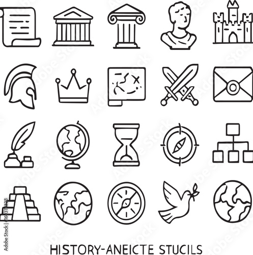 Ancient History Line Icons Set – Greek Columns, Scroll, Bust, Globe, Crown, Hourglass, Swords, Castle, Compass, Pyramid & Civilization Symbols