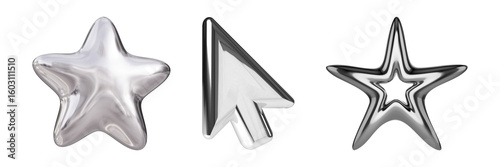 Sleek Metallic Stars and Cursor: 3D Render, Modern Design, Premium Quality