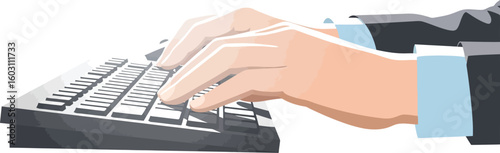 Illustration of hands typing on a black computer keyboard with a white background
