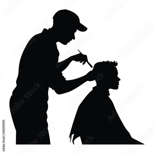 silhouette of a man cutting or styling the hair of another person in a barbershop or salon setting