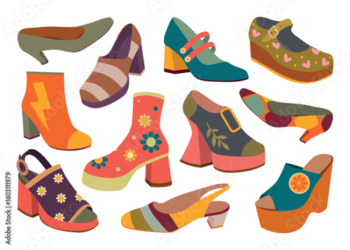 Colorful Vintage Shoes Vector Illustration Collection. Vector set of various colorful retro shoes
