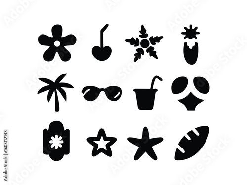 Collection of black silhouette summer vacation icons including palm tree sunglasses starfish and surfboard