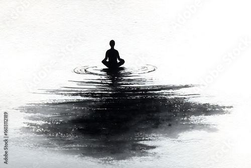 Silhouette of person meditating in water isolated on white background