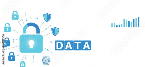 A digital illustration of data security with padlocks, shields, and data charts shown