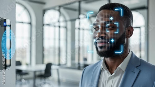Businessman using facial recognition technology for secure access in modern office environment.