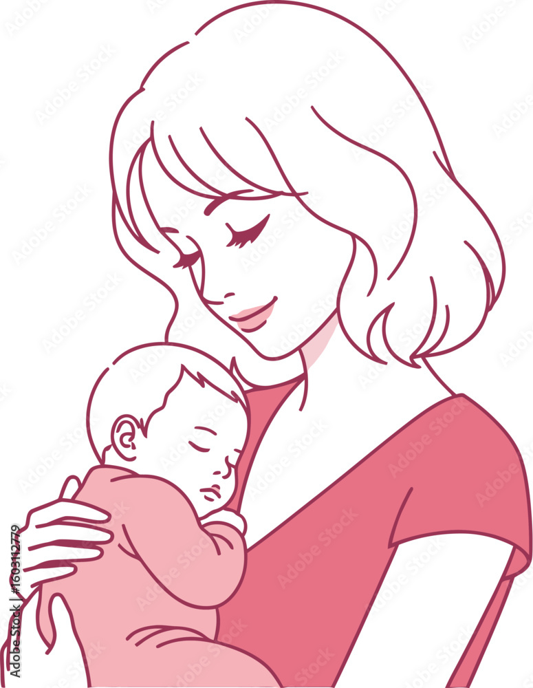 A mother with wavy hair holding a sleeping baby in her arms, both outlined in pink hues A mother with wavy hair holding a sleeping baby in her arms, both outlined in pink hues