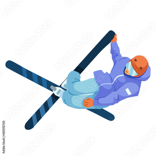 Skier in mid-air wearing winter gear and helmet, stylized graphic style, isolated on white background. Concept of extreme winter sports. Vector illustration
