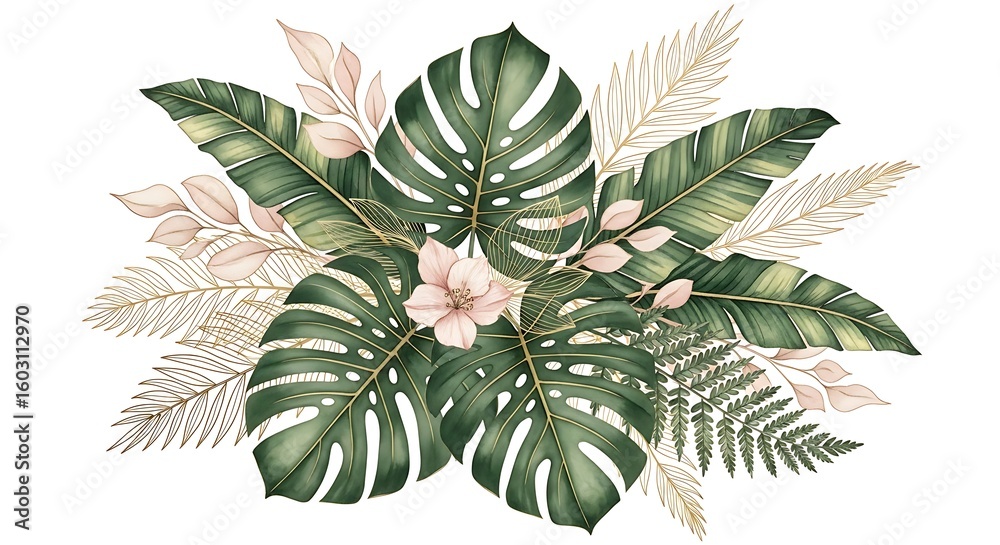 Fototapeta premium Elegant Tropical Watercolor Leaves and Flower Arrangement for Decoration and Invitations with a Fresh and Modern Aesthetic