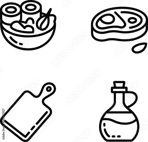 Four minimalist line art icons depict sushi, a bowl of Asian noodles, a steak, and a cooking oil bottle.