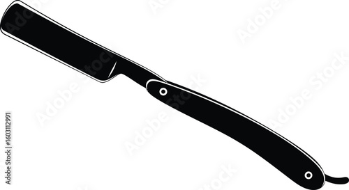 A straight razor with a black handle and blade is displayed on a white background